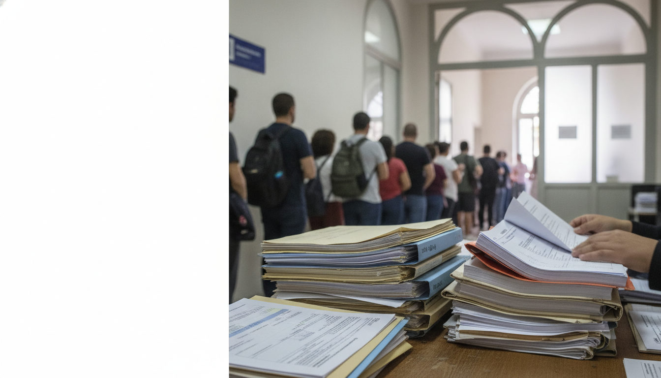 Manos examinando una pila de documentos de extranjería en una oficina pública, con formularios y sellos oficiales.