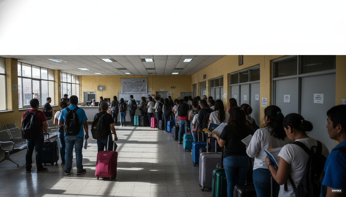 Venezolanos en una fila de espera con documentos en mano, buscando asistencia o tramites migratorios en un centro de atencion en America Latina.