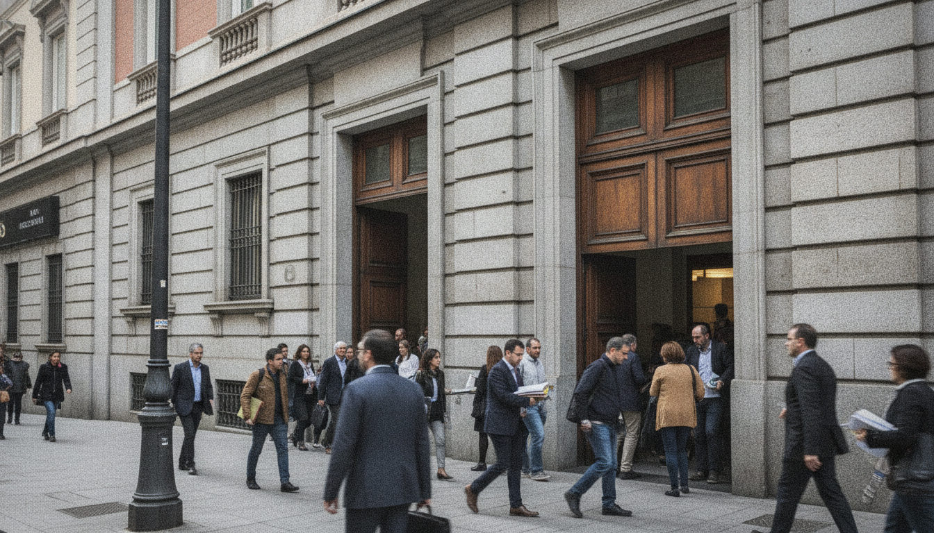 Vista exterior de la Audiencia Nacional en Madrid con personas caminando hacia la entrada, representando la actividad judicial y los trámites migratorios.