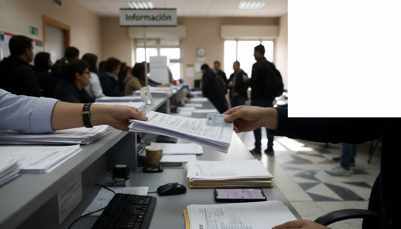 Manos de un funcionario español entregando documentos relacionados con extranjería a un ciudadano en una oficina pública.