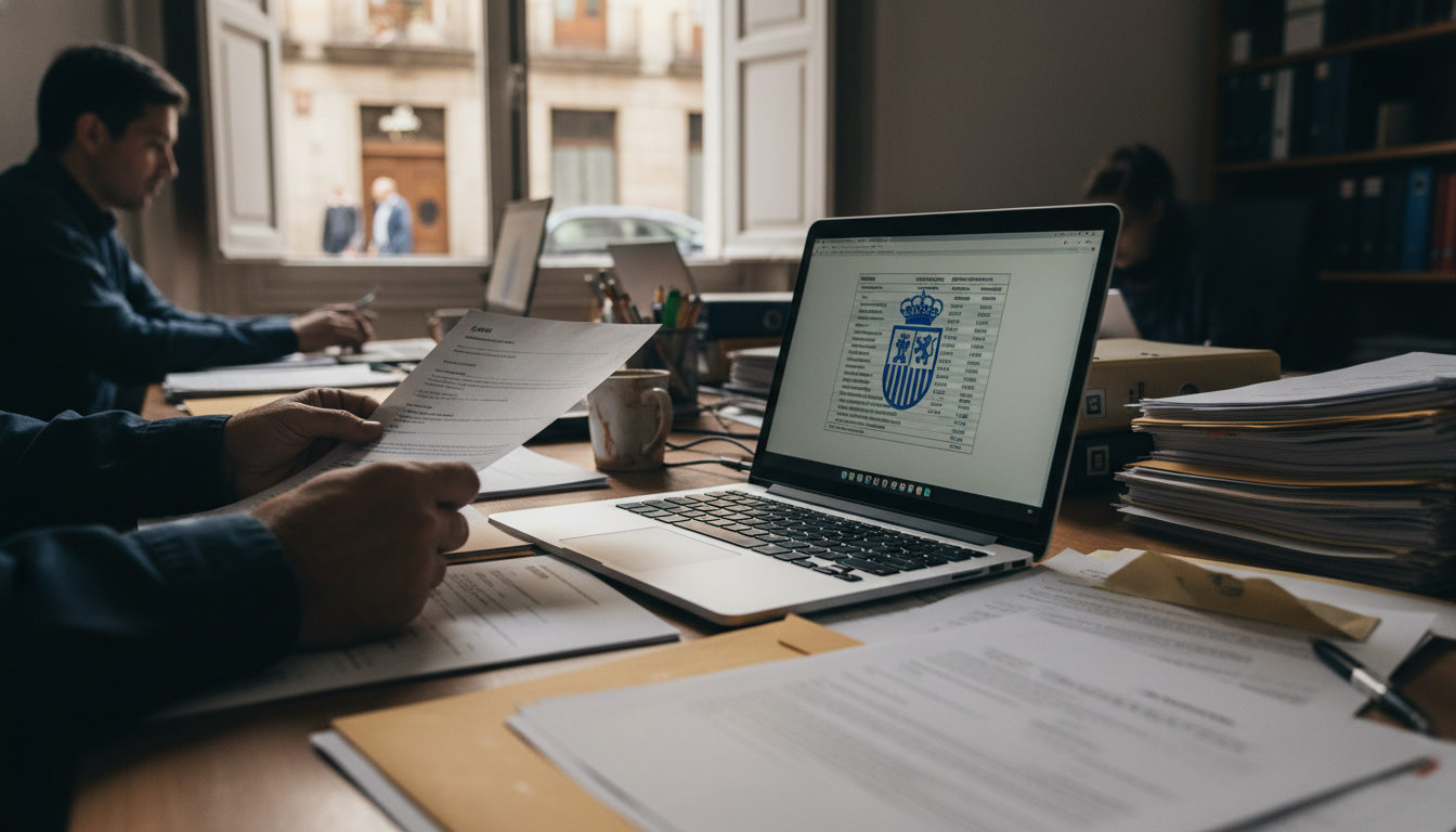Manos revisando documentos legales y un listado digital de resoluciones en la página del BOE desde una tableta sobre un escritorio de trabajo con varios papeles.