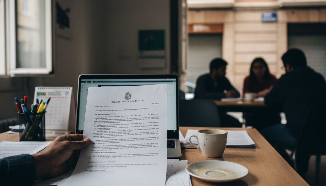 Mano revisando un documento oficial del BOE sobre una mesa de trabajo, con un ordenador portátil cerca, simbolizando la importancia de las notificaciones legales y trámites migratorios.