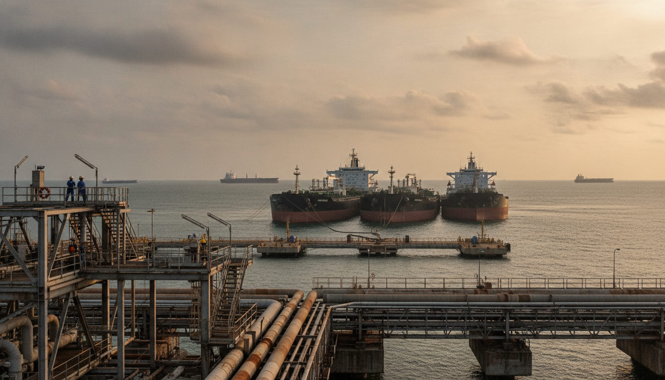 Terminal de exportación petrolera en Venezuela con barcos cisterna anclados.