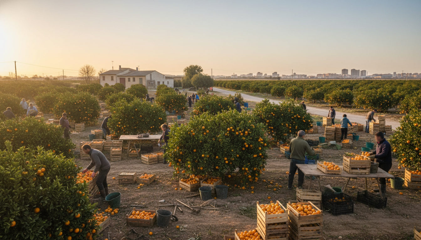 Manos de trabajadores recolectando naranjas en un huerto valenciano, con varias cestas llenas en el suelo y árboles frutales al fondo.