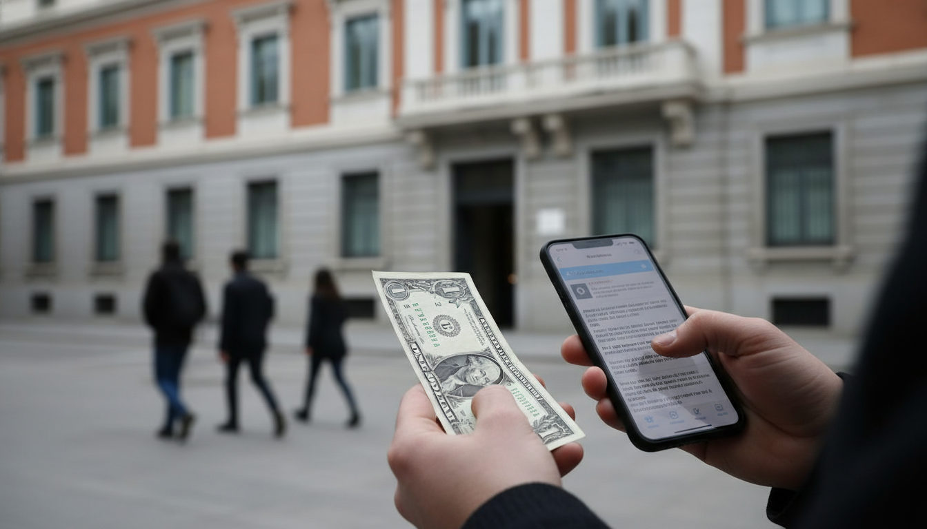 Manos de una persona con un billete de dólar y un móvil mostrando noticias económicas, con el fondo de un consulado en Madrid, ilustrando el impacto de las decisiones políticas en las remesas de la diáspora.