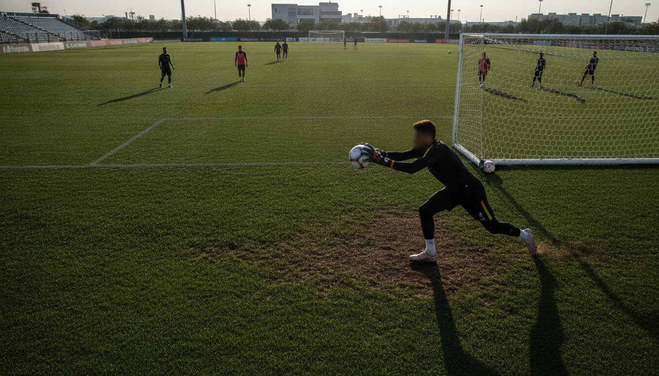 Portero de la selección venezolana de fútbol, la Vinotinto, atajando un balón en un entrenamiento.