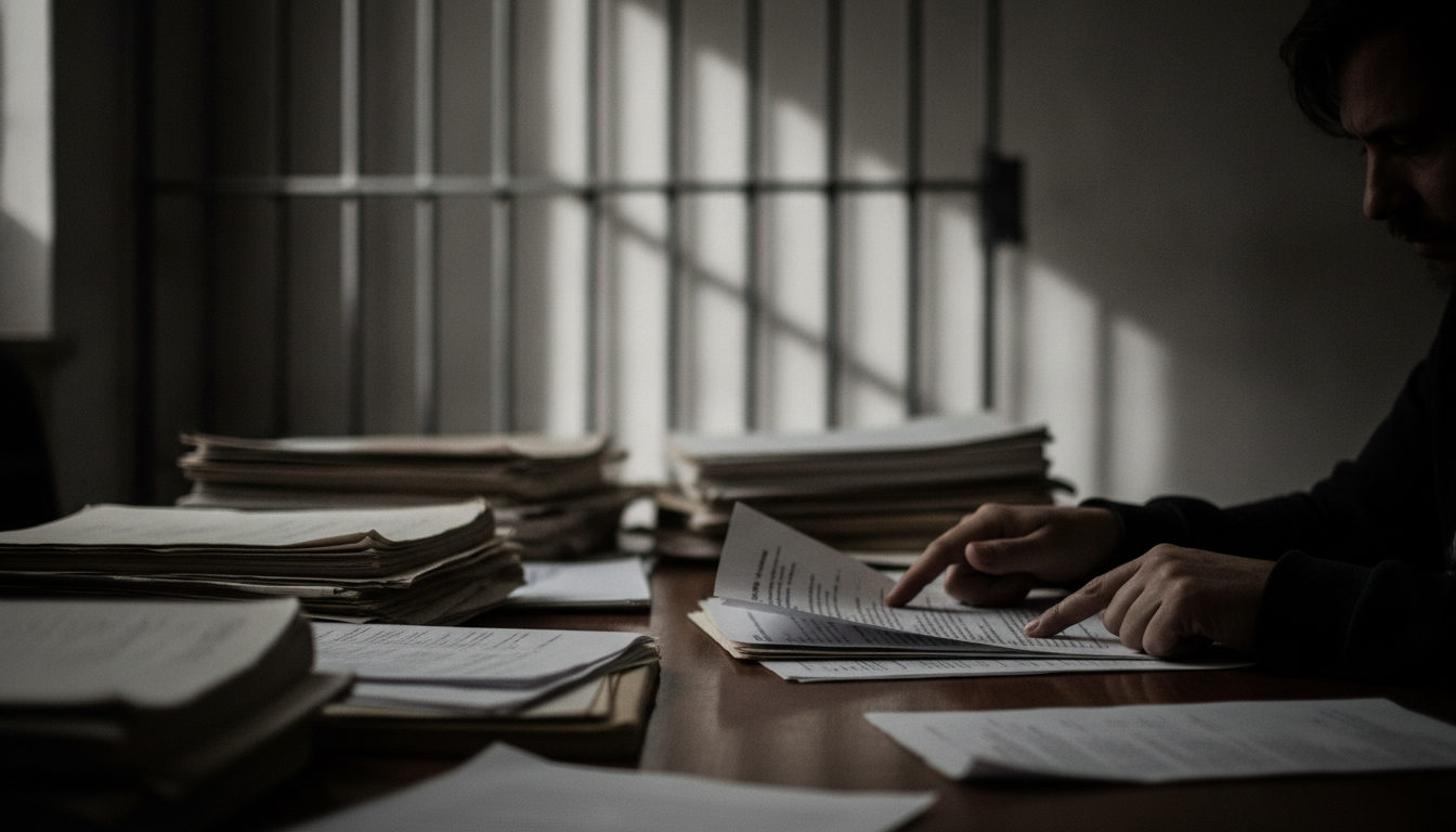 Manos revisando documentos legales con un fondo que insinúa una reja de celda, representando la lucha por la justicia en casos de detención política.