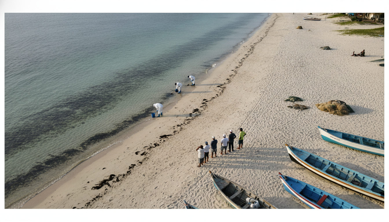 Manchas de crudo visibles en la orilla de una playa venezolana, con un grupo de pescadores observando el mar en la distancia.