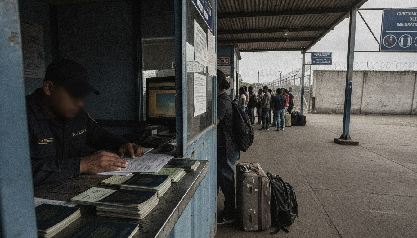 Agentes de Migración revisan documentos de viajeros en un puesto fronterizo, con énfasis en las manos y los papeles sobre el mostrador de control.