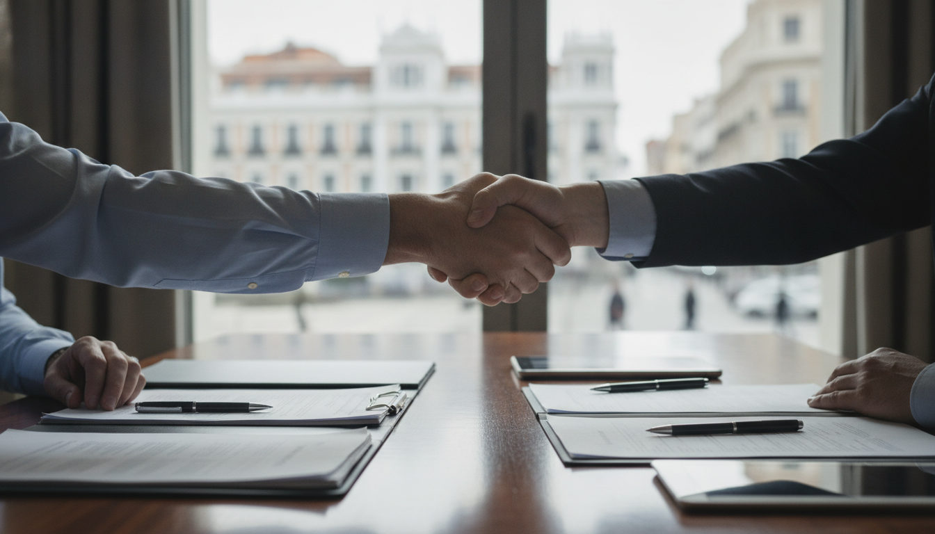 Manos de delegados dándose la mano sobre una mesa de reuniones con documentos, simbolizando un acuerdo tras negociaciones.
