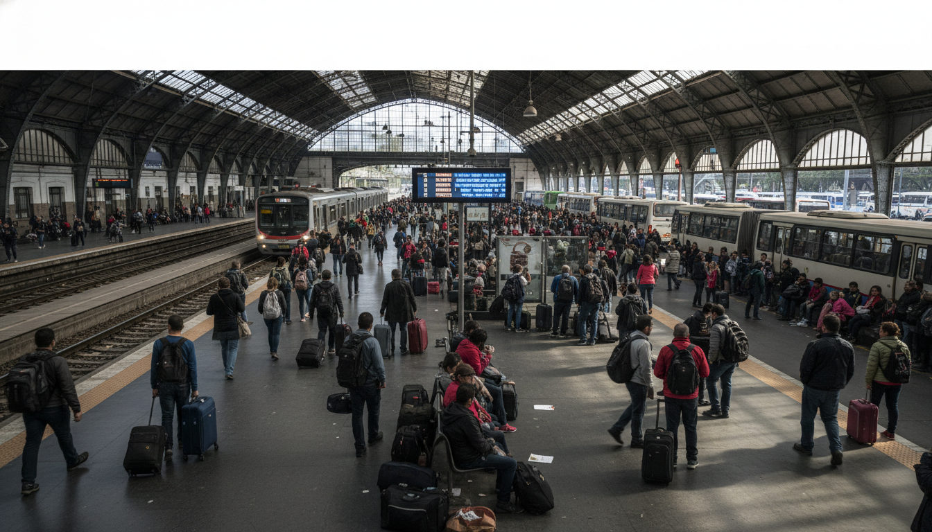 Grupos de personas con equipaje modesto en una terminal de transporte, reflejando el tránsito y llegada de migrantes a una ciudad.