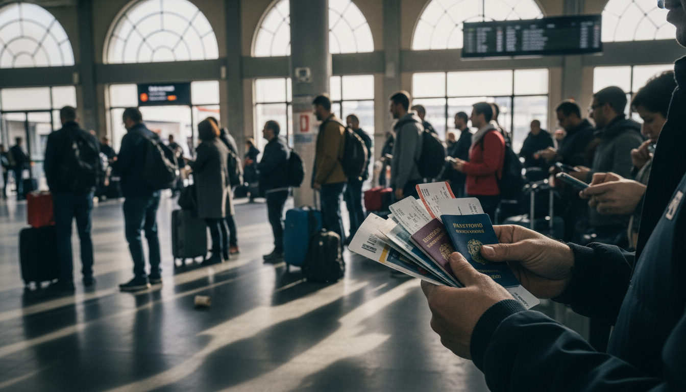 Varias personas con maletas y mochilas sentadas o de pie en una terminal de transporte, con una atmósfera de tránsito y espera.