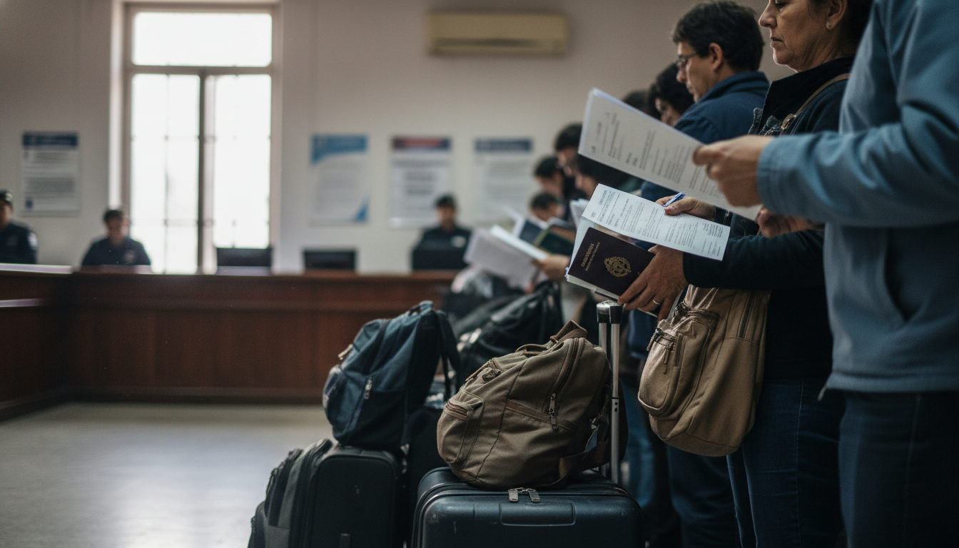 Venezolanos esperan en una fila con documentos y maletas en una oficina de trámites migratorios en Argentina.