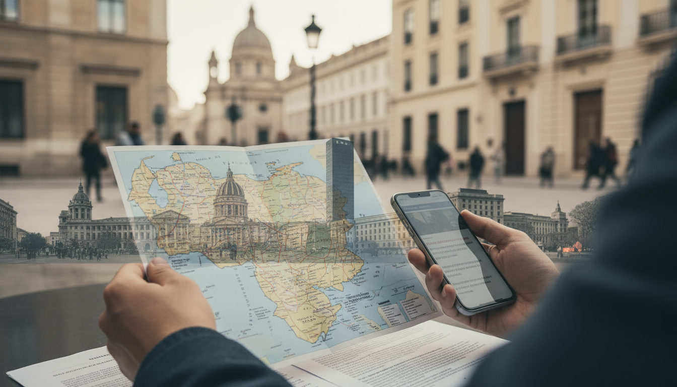 Manos de varias personas sosteniendo documentos y un teléfono móvil, en un entorno urbano que sugiere una ciudad extranjera, simbolizando la conexión de la diáspora con su país de origen.