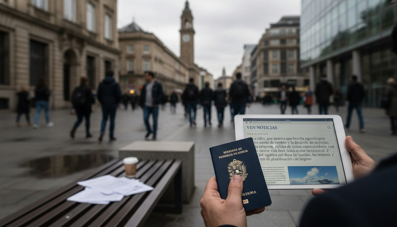 Manos sosteniendo un pasaporte venezolano y un teléfono con el titular de VEN Noticias, mientras una persona reflexiona en una calle concurrida de una ciudad española.
