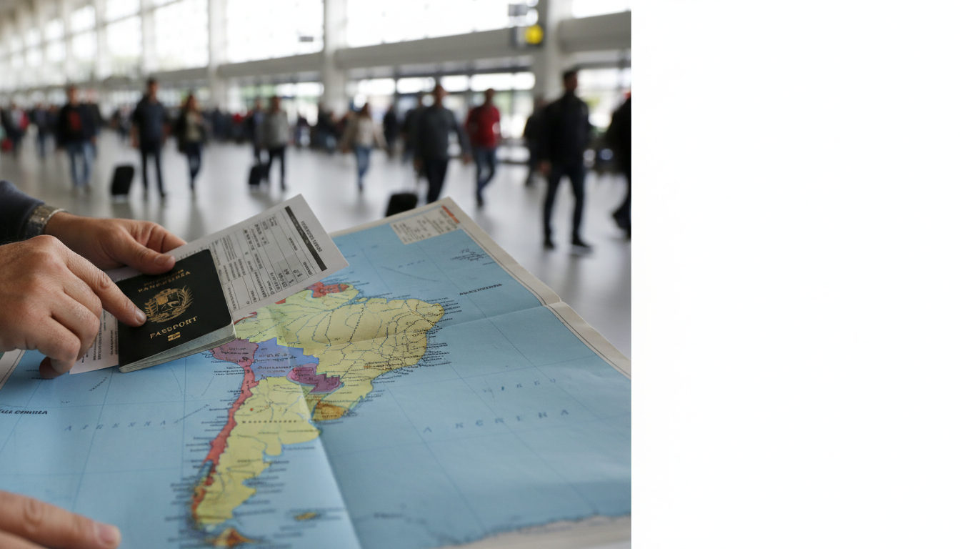 Manos de un migrante venezolano sujetando un pasaporte y documentos en una estación de transporte, con un mapa de Sudamérica difuminado al fondo.