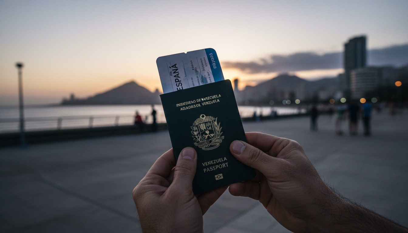 Manos sosteniendo un pasaporte venezolano y un mapa de España, con la silueta de Venezuela al fondo, simbolizando la distancia y el deseo de la diáspora.