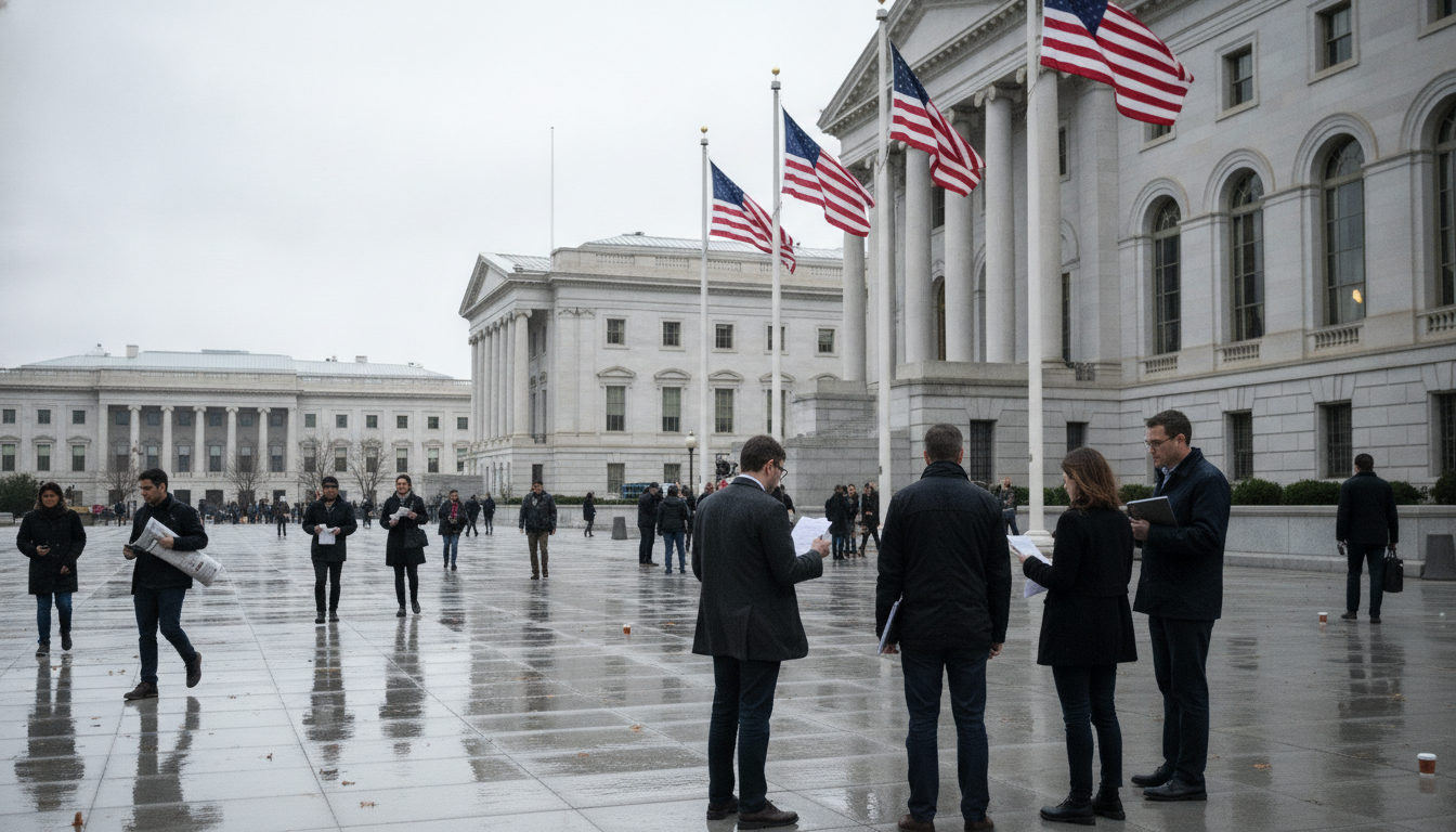 Funcionarios discuten frente a un edificio gubernamental en Washington D.C. tras un anuncio sobre la política exterior hacia Venezuela.