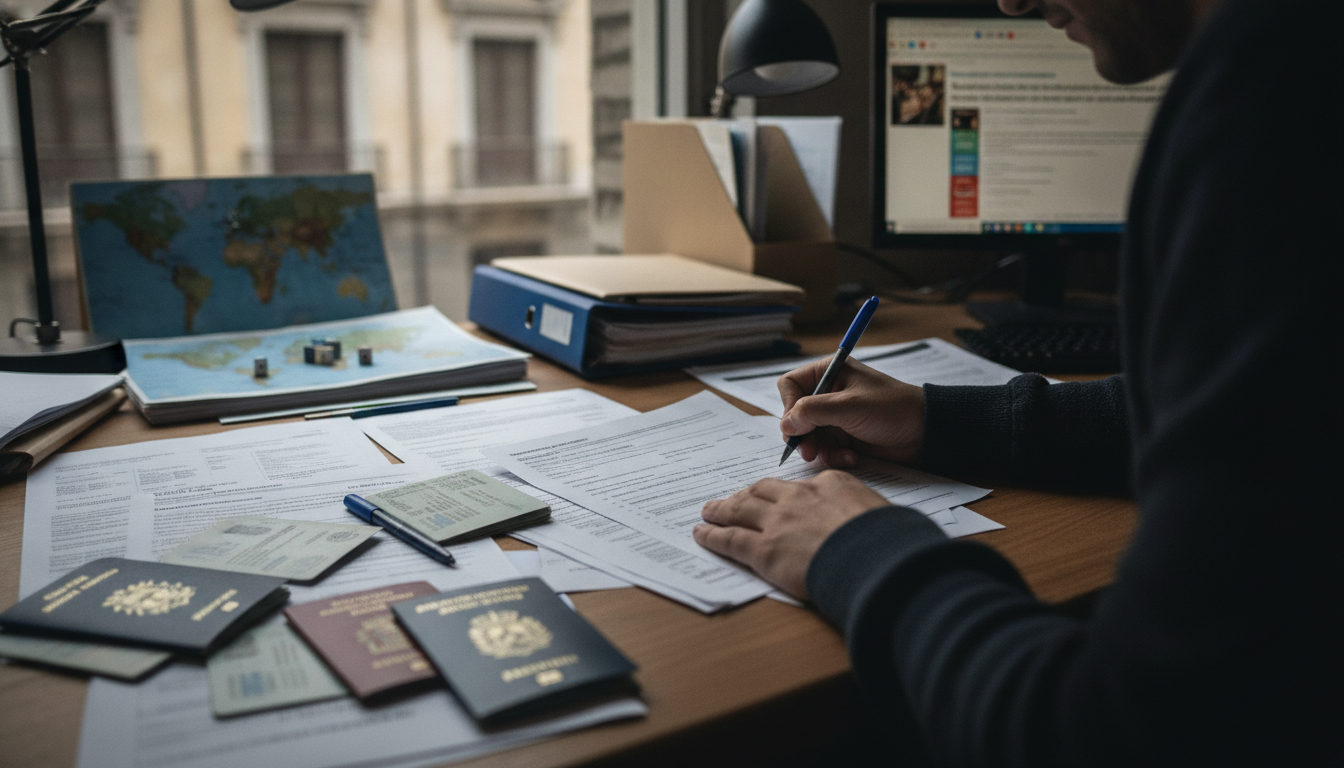 Manos de una persona revisando cuidadosamente documentos migratorios y pasaportes sobre un escritorio, lleno de papeles y formularios.