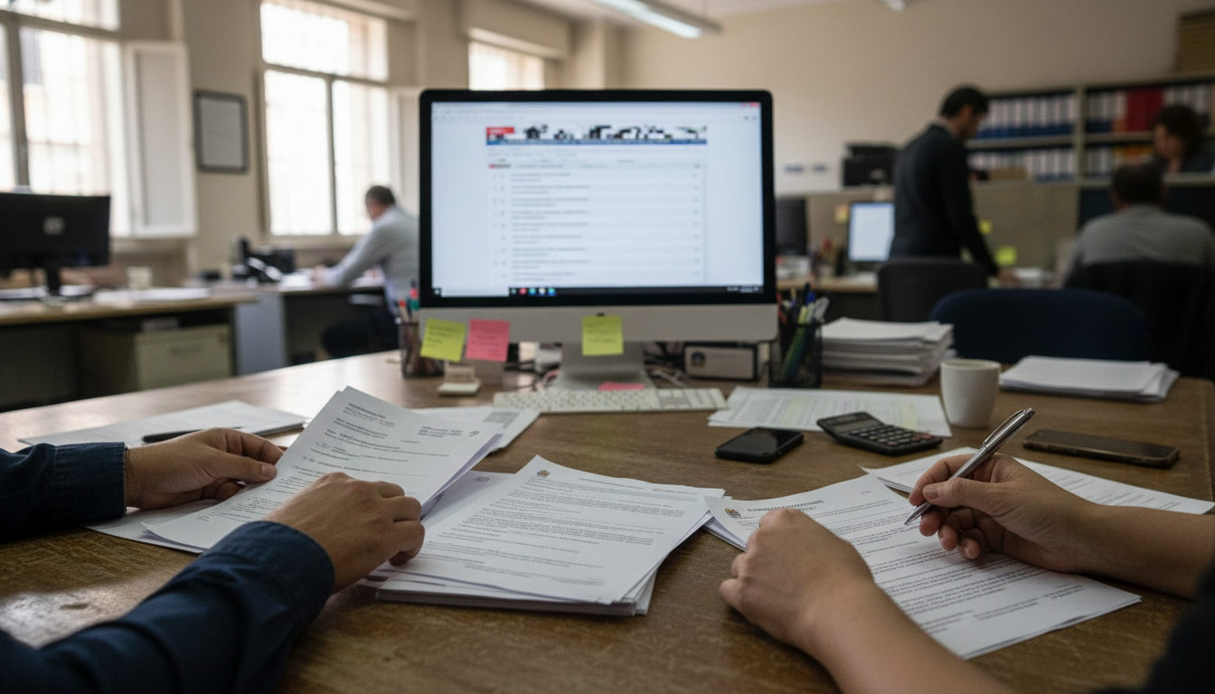 Manos de personas venezolanas revisando ofertas de empleo y documentos en una oficina de orientación laboral en España.