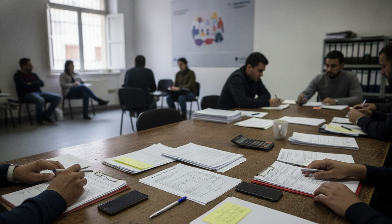 Venezolanos revisando documentos en una oficina de empleo en Europa, buscando oportunidades laborales en un mercado ajustado.