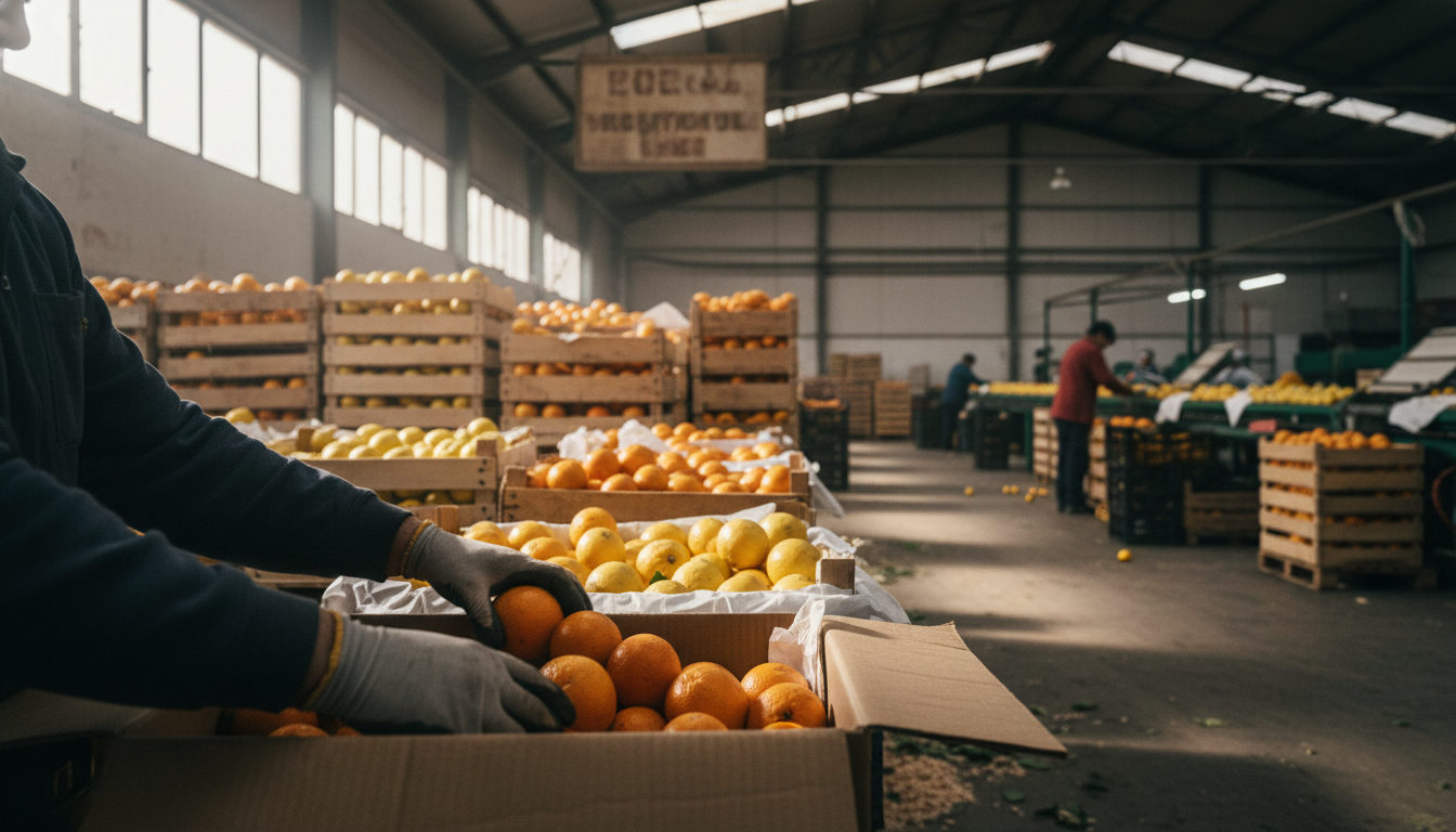 Manos clasificando naranjas y mandarinas en una línea de producción dentro de un almacén agrícola valenciano.