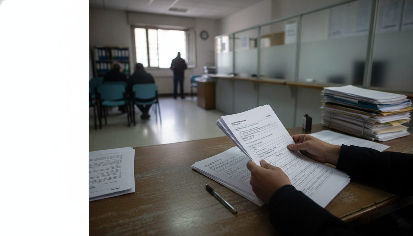 Manos examinando cuidadosamente formularios y documentos de extranjería sobre un escritorio.