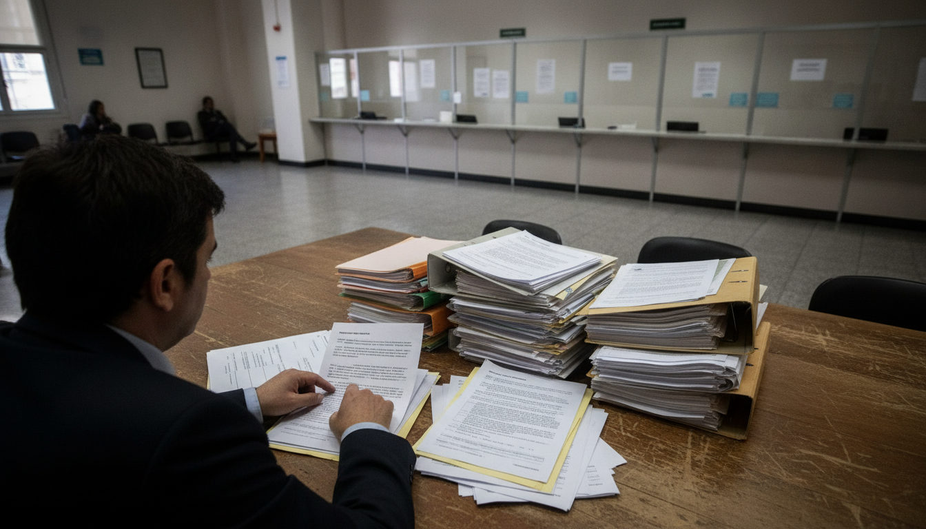 Mano de un funcionario o abogado revisando documentos de extranjería en una oficina, con varios expedientes sobre la mesa.
