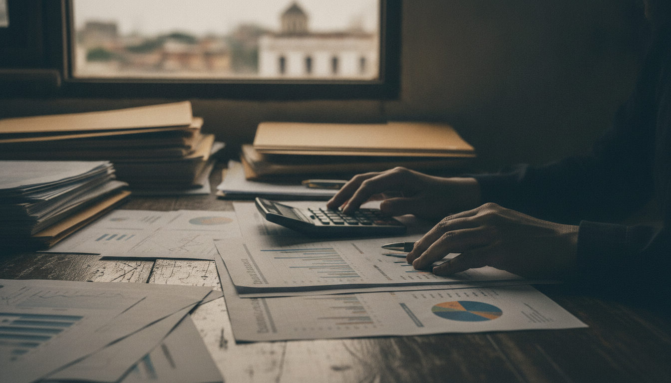 Manos examinando cuidadosamente documentos económicos y gráficos sobre la estabilidad del bolívar, junto a una calculadora y un bolígrafo.