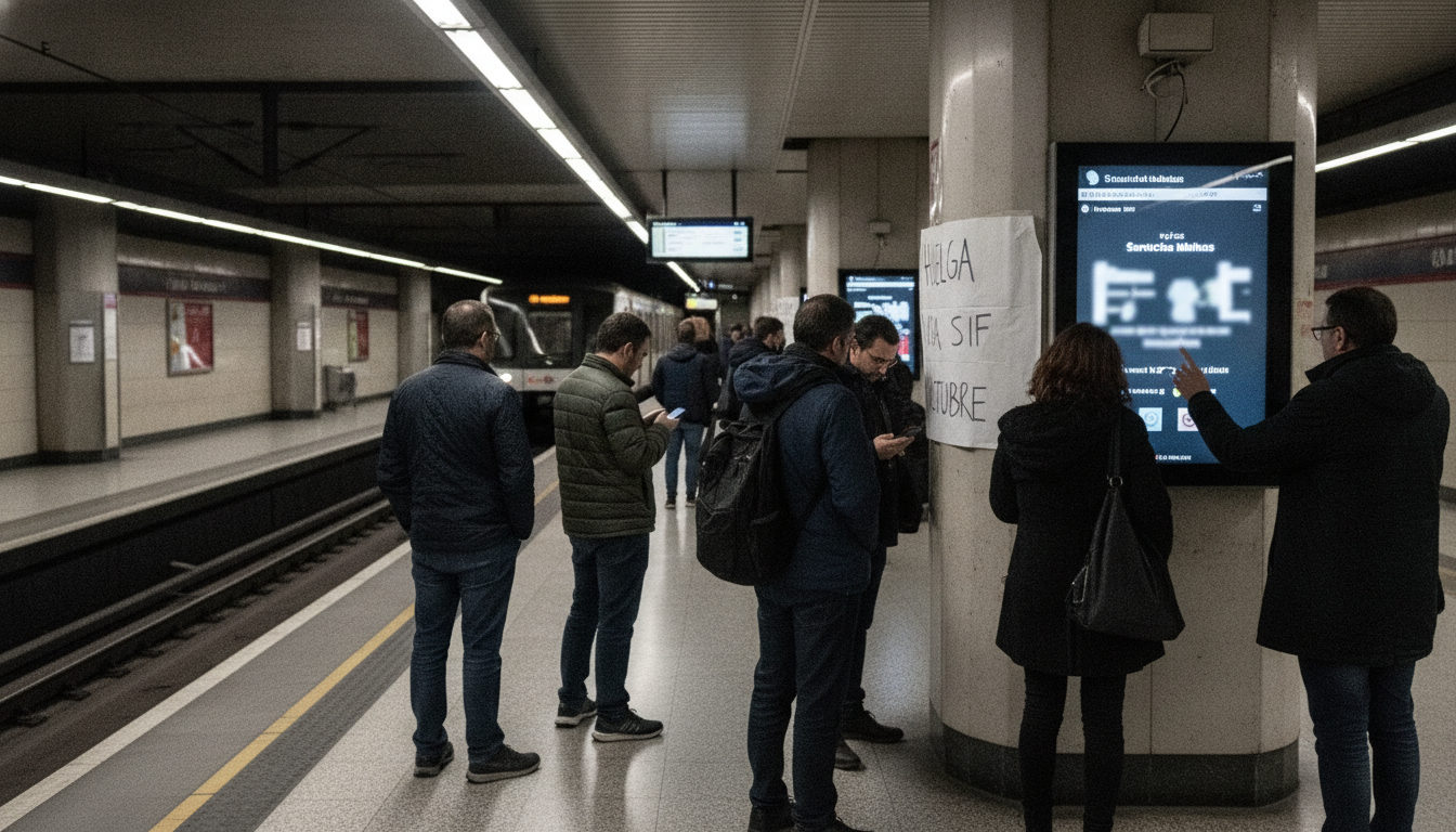 Pasajeros mirando el panel informativo de una estación del metro de València, que muestra avisos sobre la huelga de FGV.