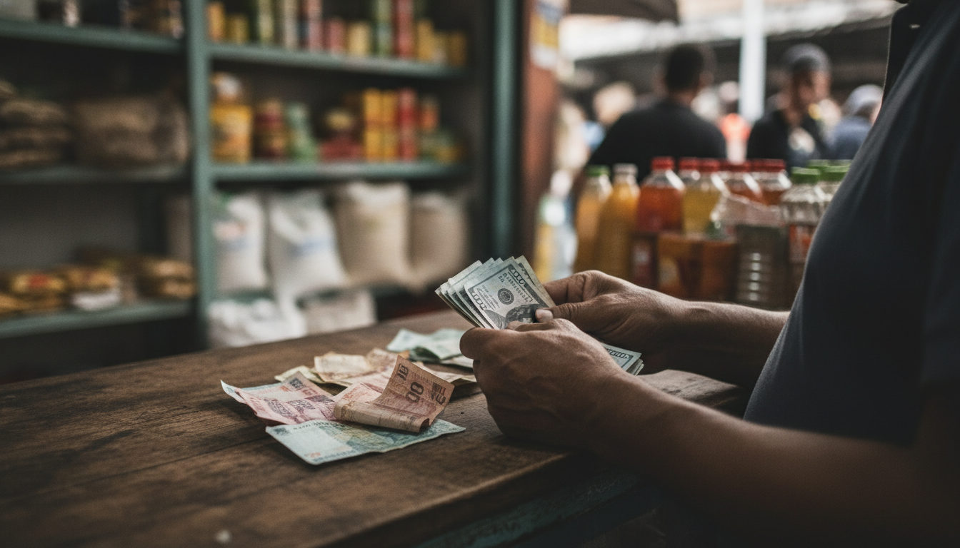 Manos de un comprador entregando billetes en un mercado venezolano, con diversos productos de alimentación al fondo.