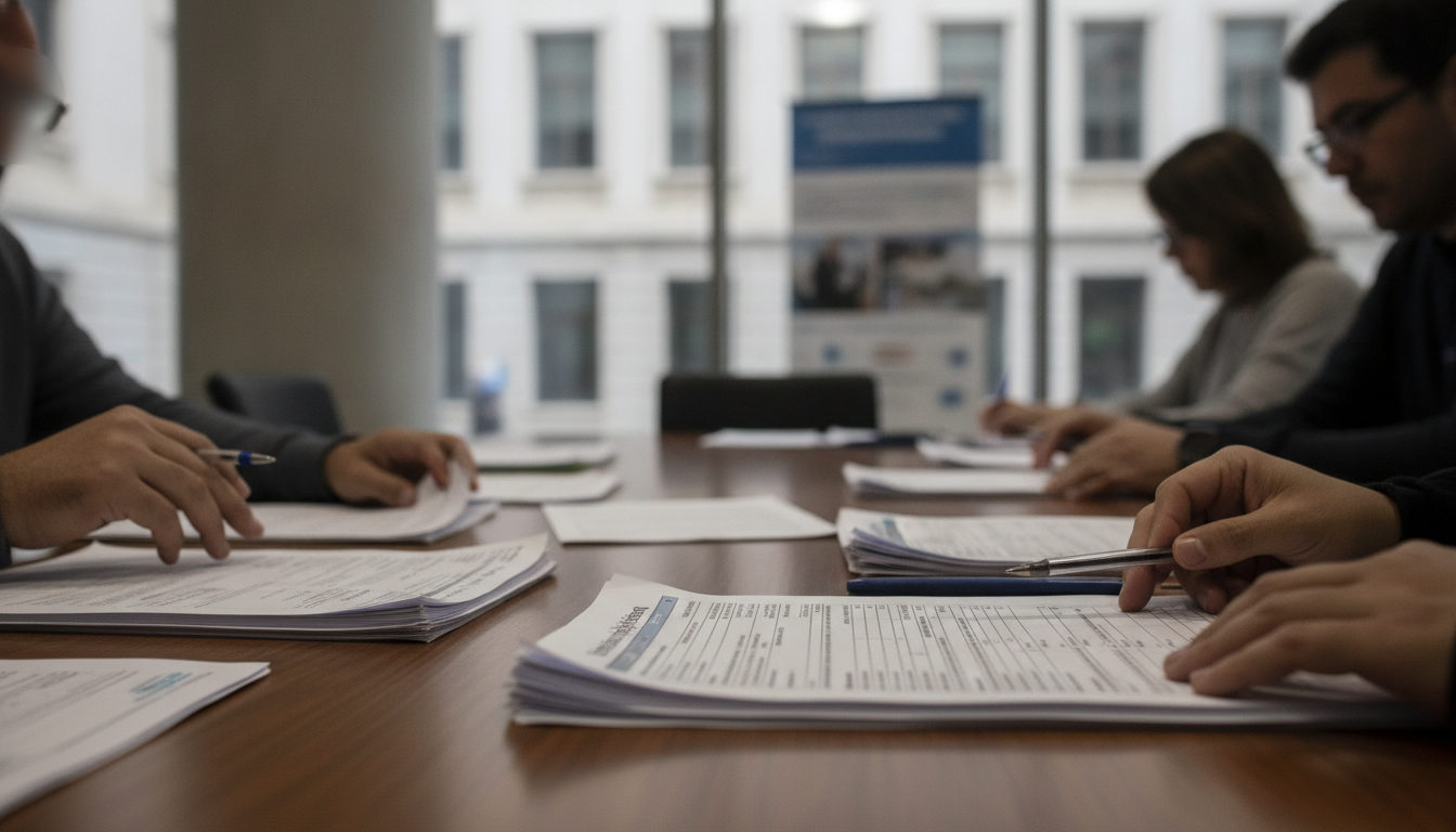 Manos de migrantes venezolanos revisando documentos y formularios de extranjería en una oficina pública.
