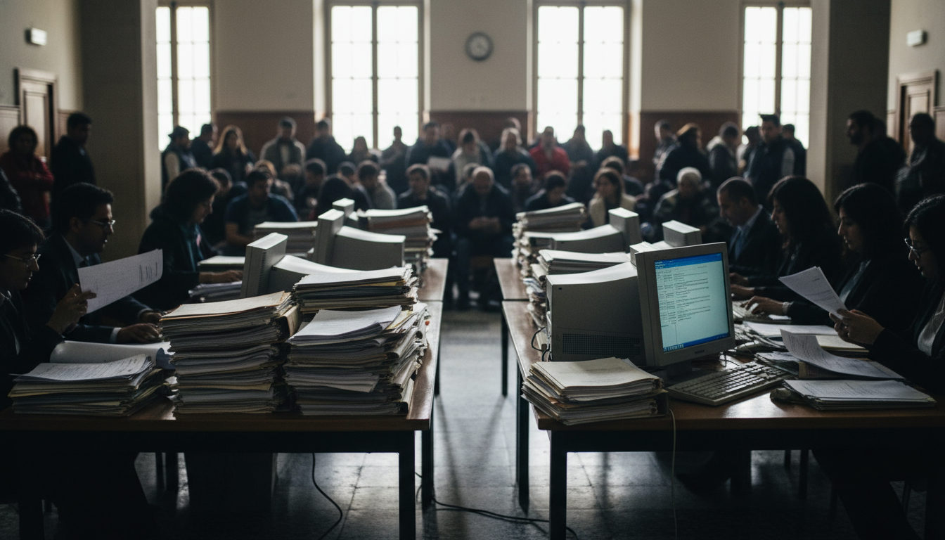 Manos de abogados y personal revisando expedientes y documentos en un escritorio de un centro de procesamiento migratorio, con pilas de papeles.