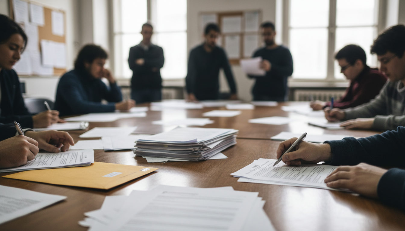 Manos de personas revisando documentos y formularios migratorios sobre una mesa, simbolizando la urgencia de trámites y asesoría legal.