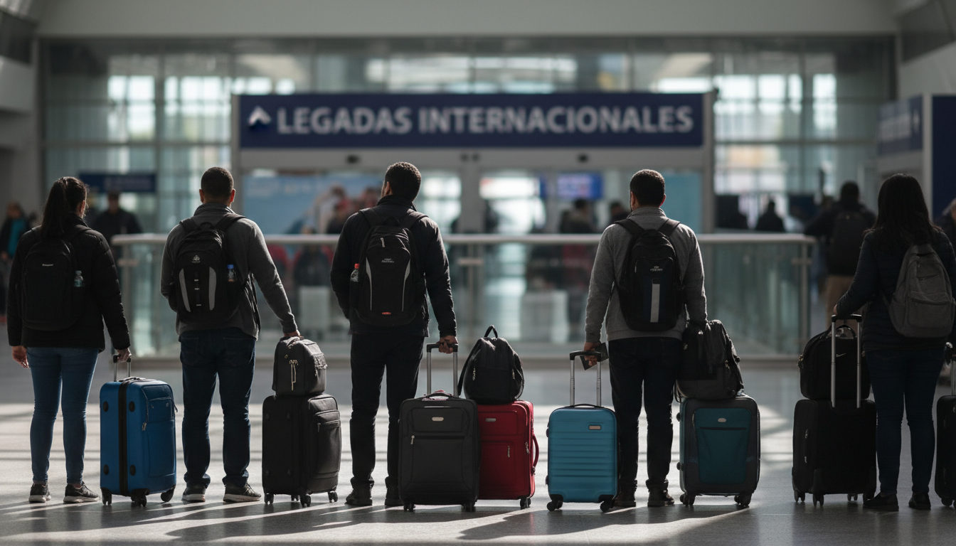 Viajeros con maletas en la zona de llegadas de un aeropuerto, simbolizando la migración venezolana hacia nuevos destinos.