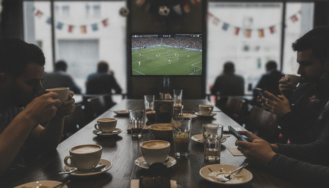 Manos de aficionados en un bar de España viendo un partido de los dieciseisavos de final del Mundial 2026 en una pantalla, con bebidas en la mesa.