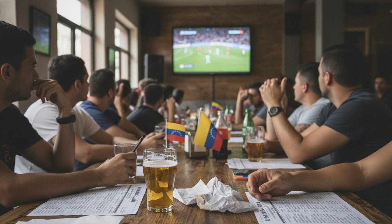 Aficionados de la diáspora venezolana y latinoamericana viendo un partido decisivo del Mundial 2026 en un ambiente de expectación.