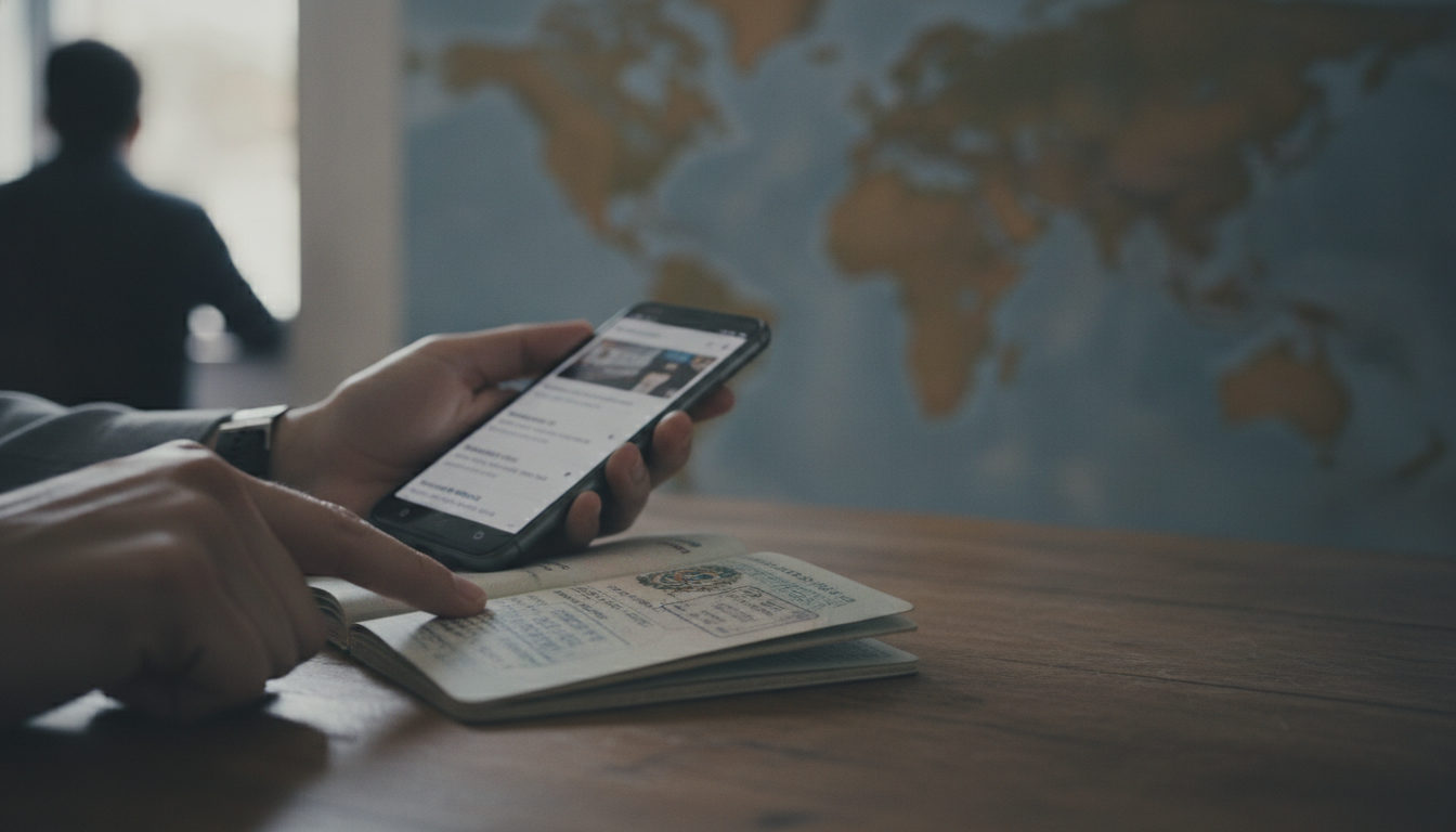 Un pasaporte venezolano abierto sobre un escritorio, junto a un teléfono inteligente con noticias migratorias, simbolizando la búsqueda de información y el futuro de la diáspora.