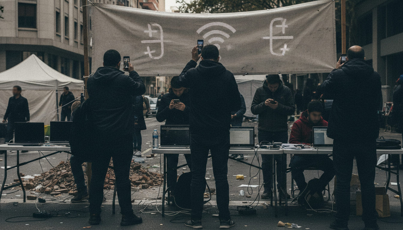 Varias personas en un espacio exterior improvisado, con sus teléfonos móviles y dispositivos, buscando señal de internet y tratando de comunicarse tras un evento, con expresiones de concentración en sus rostros.
