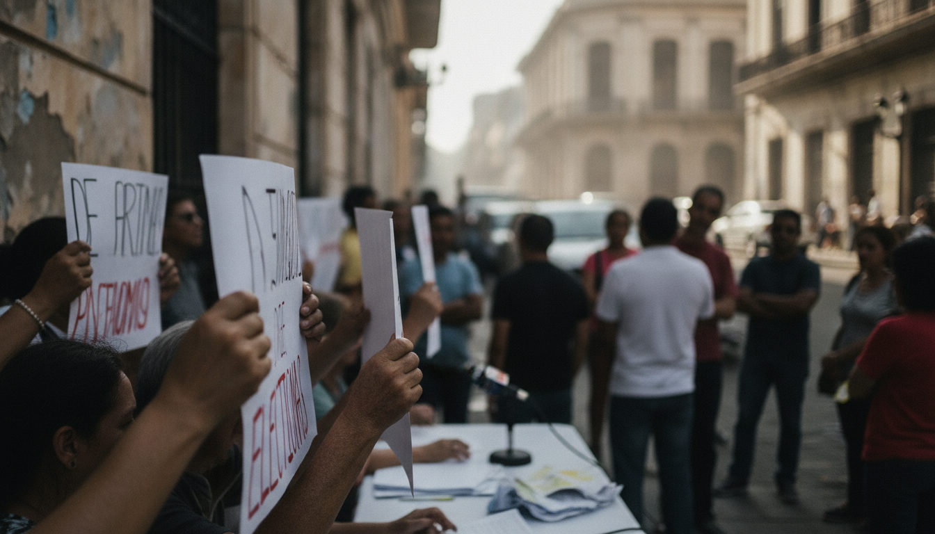 Manos de personas anónimas sosteniendo pancartas con mensajes políticos y el nombre de María Corina Machado en una calle de Caracas, reflejando el pulso social y electoral del país.