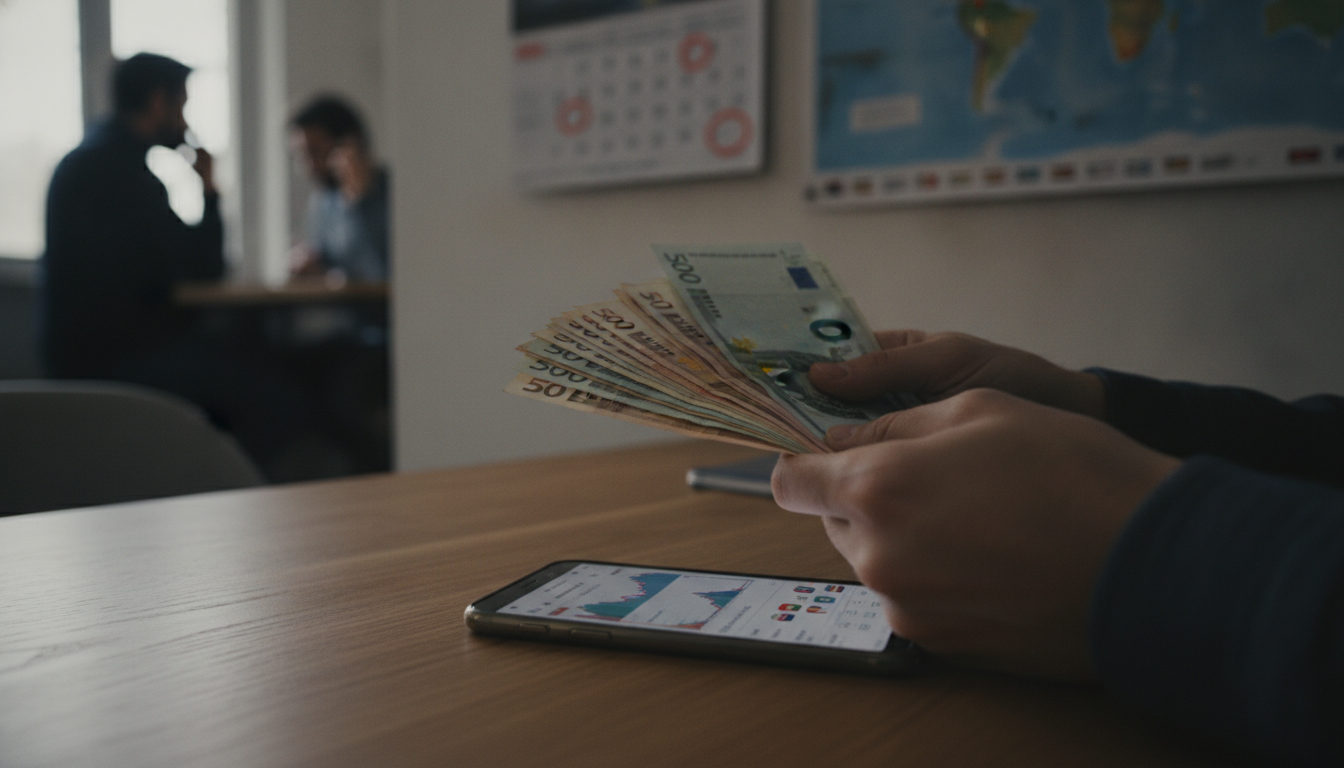 Manos sosteniendo billetes de euro, dólar y bolívar mientras se consulta una aplicación de cambio de divisas en un teléfono móvil, reflejando el manejo diario de remesas.