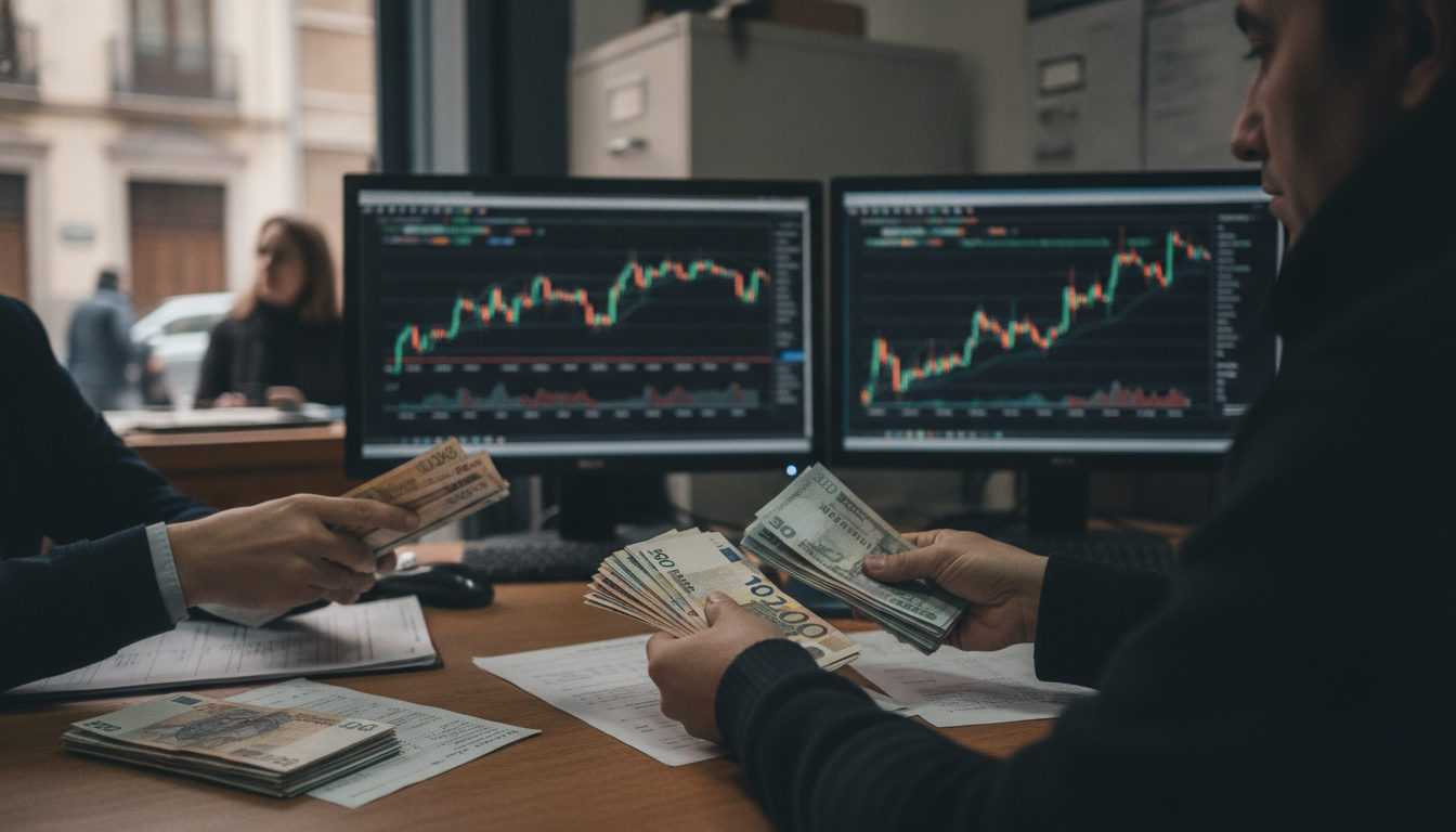 Manos realizando una transacción de envío de dinero en una agencia, con billetes de varias monedas y gráficos económicos de fondo.
