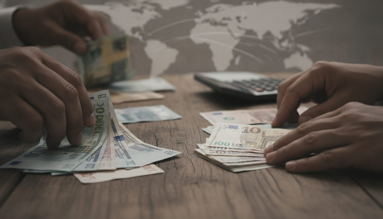 Manos sosteniendo billetes de euro, dólar y bolívar, simbolizando el envío y recepción de remesas internacionales.