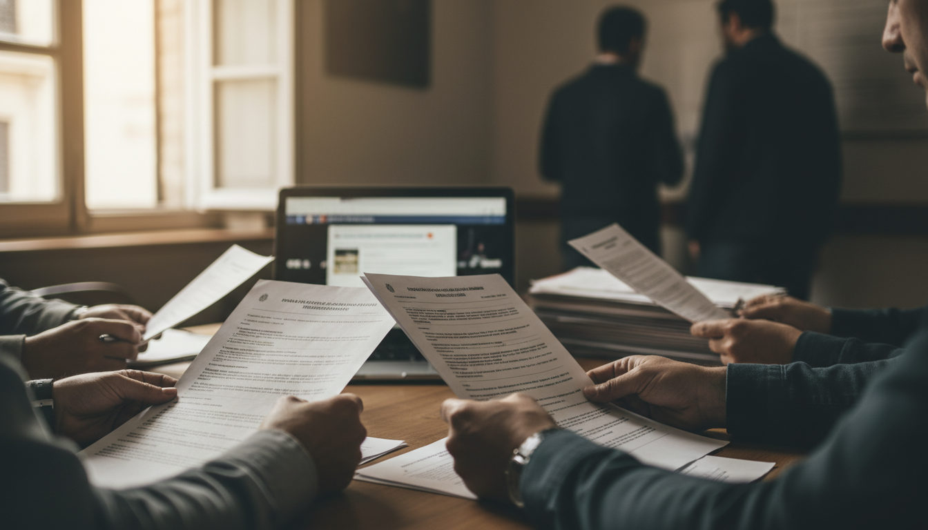 Varias manos consultando y revisando documentos legales y resoluciones en un escritorio, con papeles y una computadora de fondo.