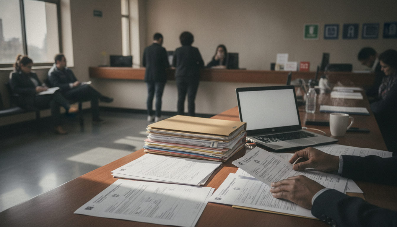 Manos revisando atentamente documentos de extranjería y formularios oficiales sobre un escritorio en una oficina.