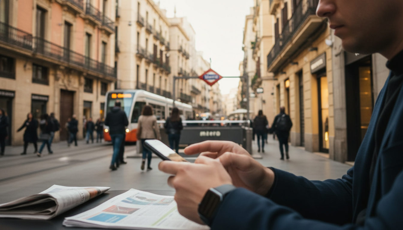 Manos sosteniendo un teléfono móvil en una calle céntrica de València, con edificios de estilo modernista al fondo, representando la vida activa y la gestión diaria de trámites en la ciudad.