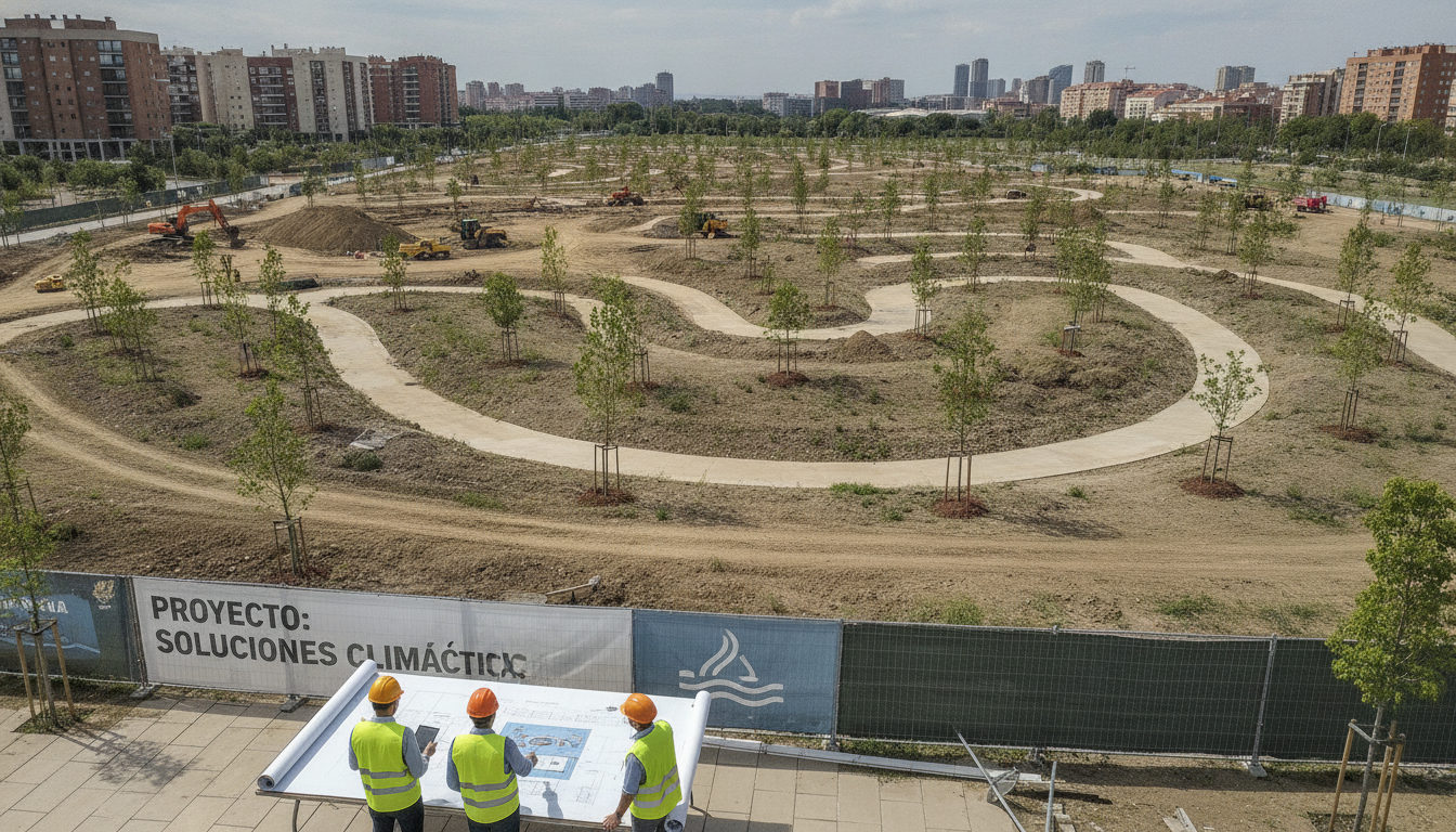 Trabajadores y maquinaria en una obra de infraestructura verde en la Comunitat Valenciana, con elementos naturales y de gestión de aguas en el paisaje.