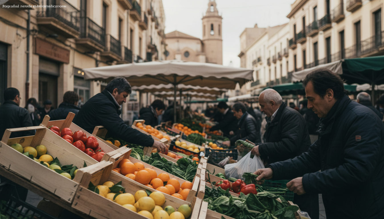 Manos de trabajadores organizando cajas de productos agrícolas frescos en un mercado callejero de València.