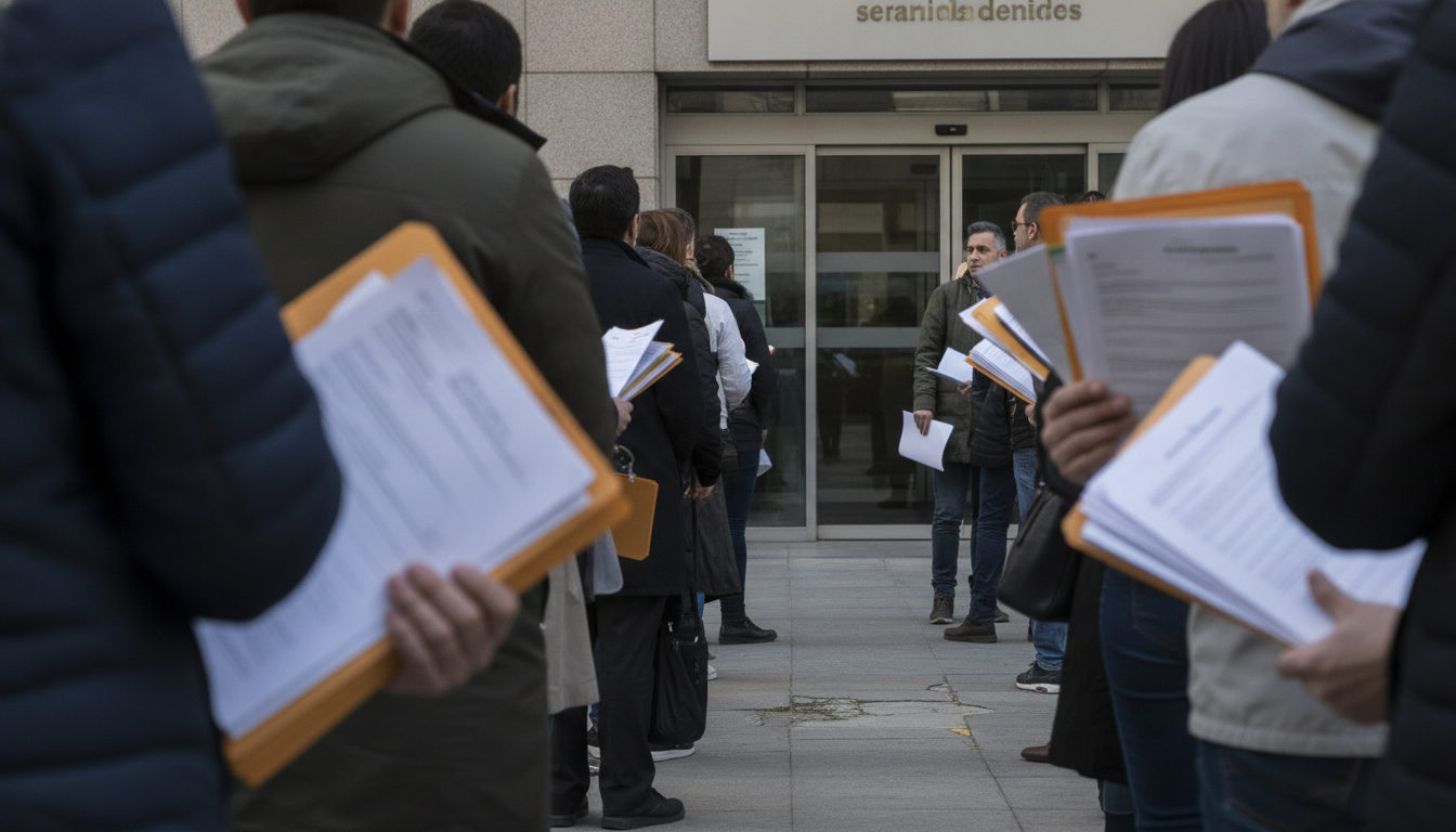 Ciudadanos, algunos de ellos visiblemente venezolanos, aguardan su turno con documentos en mano en la entrada de una oficina de la Seguridad Social en España.