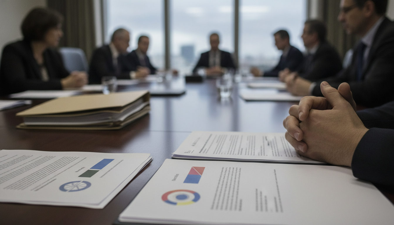 Manos sobre documentos con gráficos y firmas, en una mesa de reuniones, simbolizando negociaciones por el desbloqueo de fondos para ayuda humanitaria.